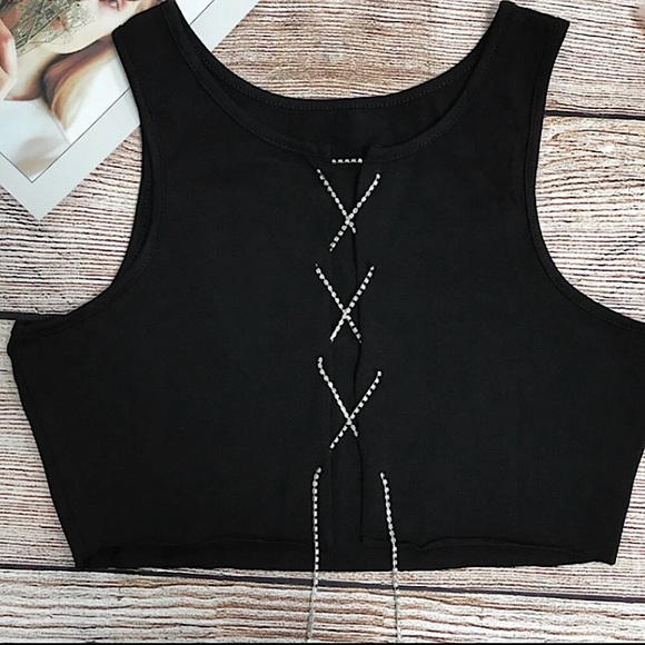 Black silver rhinestone lace up crop top - Picture 6 of 11